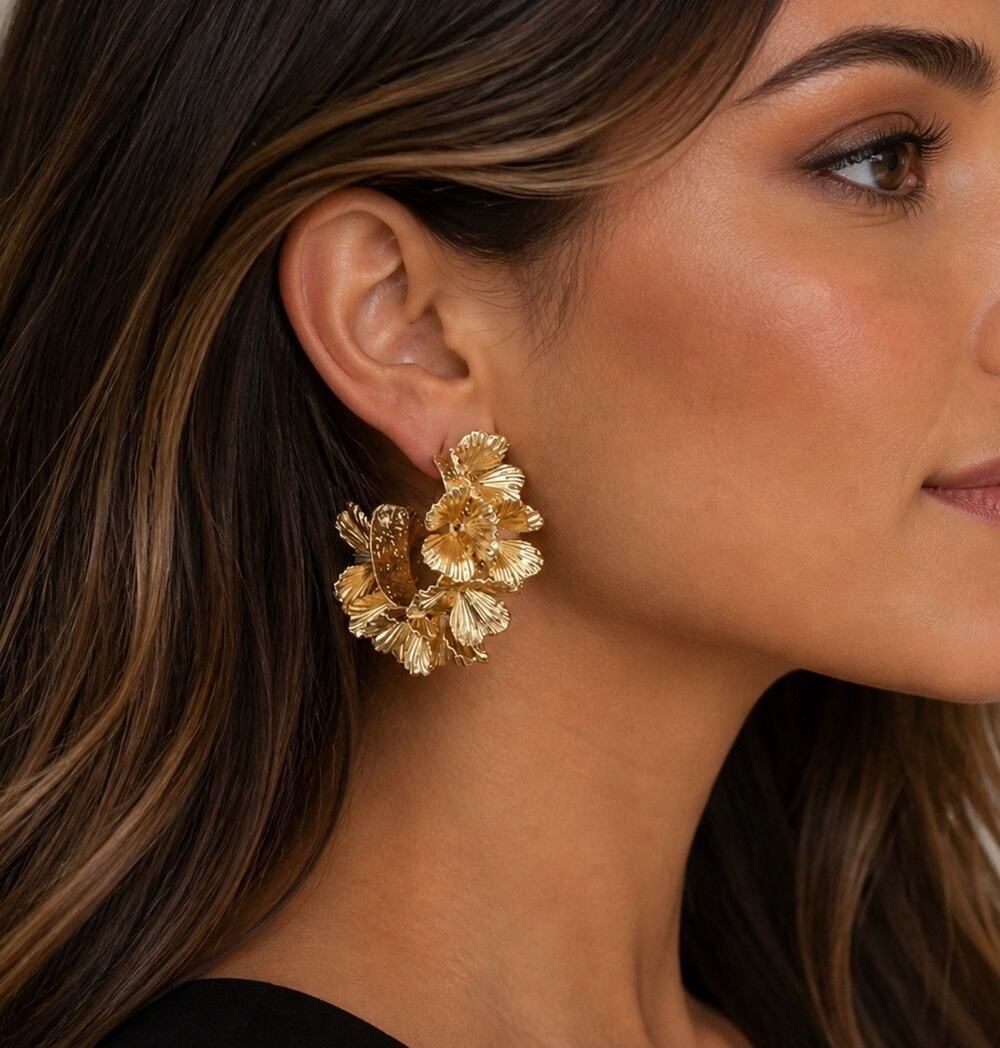 Zara Hoop Flower Earrings Gold Floral Open Stud Boho Statement VTG Retro
